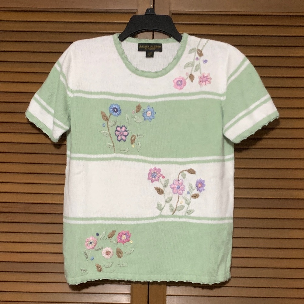 Salon Studio Haband Vintage Embroidered Short Sleeve Sweater Shirt Small S